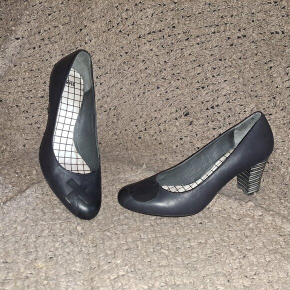 CAMPER TWINS-X & O-Black Leather-Blue/Grey Stripe Heels-Size 41-Excellent - Picture 1 of 8